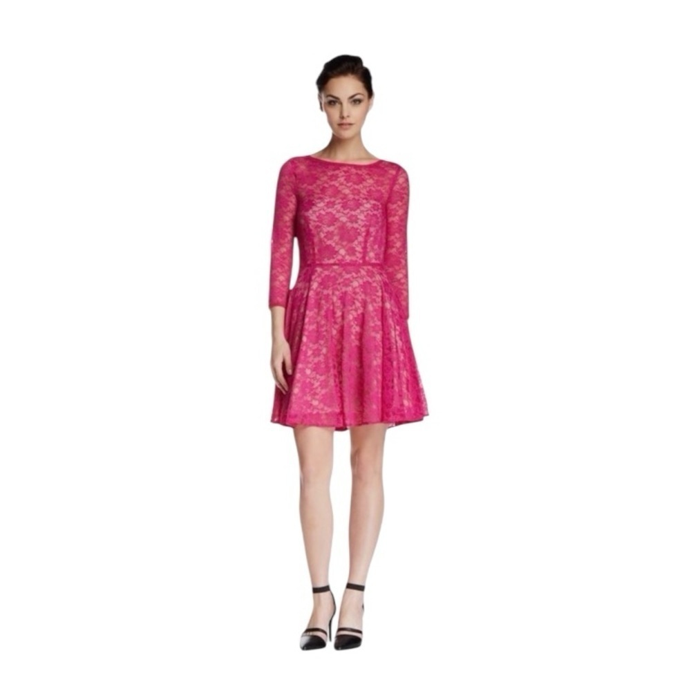 French Connection Magenta Pink Lace Dress 3/4 Sleeve Mini Nude Lined 10